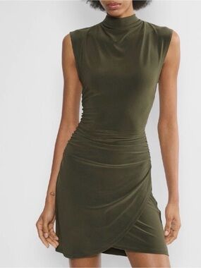 Aritzia Wilfred Boulevard Mockneck Ruched Wrap Dress in Olive Green💚